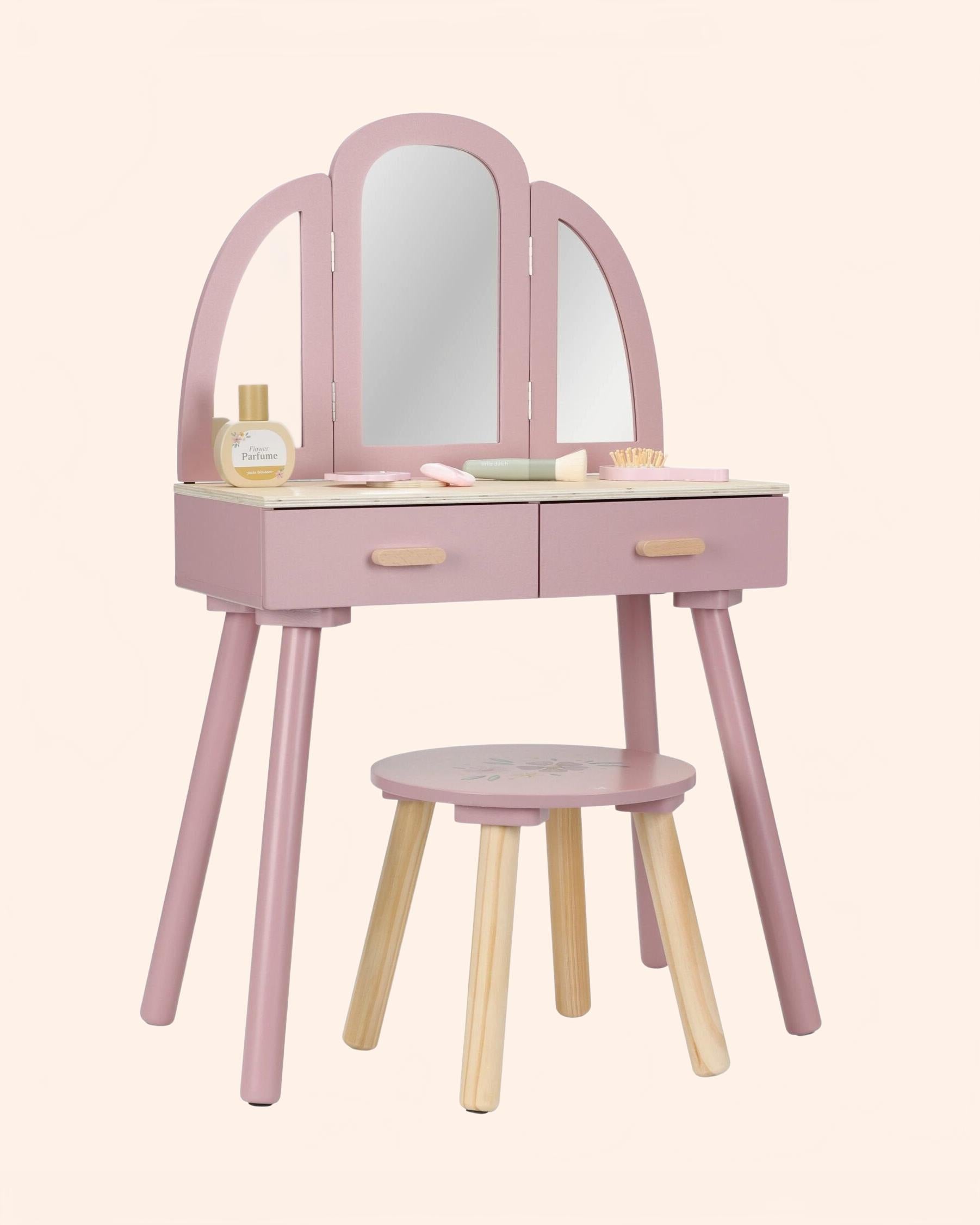 0030191 roze houten kaptafel met lades en krukje