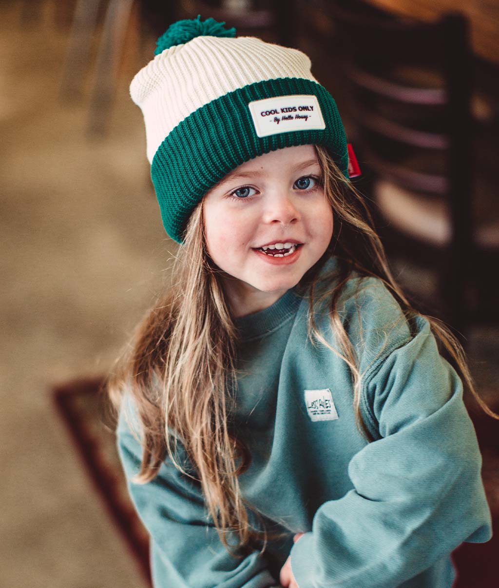 bonnet enfants bebes avec pompon coton biologique creme vert hello hossy