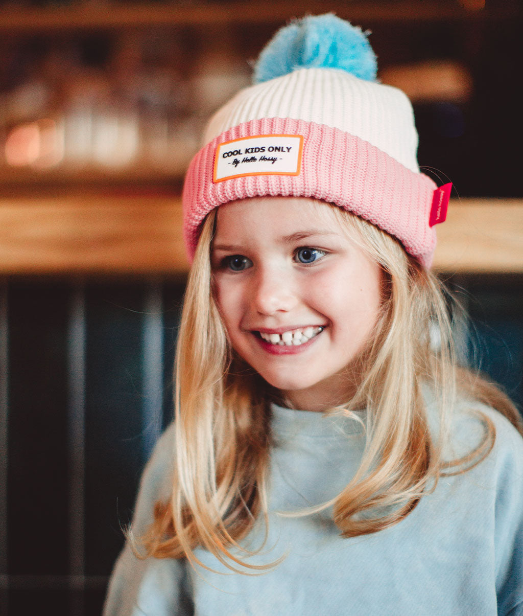 bonnet enfants bebes avec pompon creme rose hello hossy