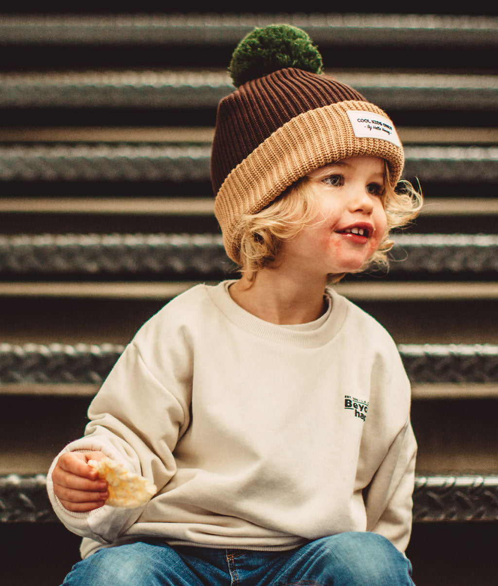 bonnet enfants bebes avec pompon doublure polaire marron beige hello hossy