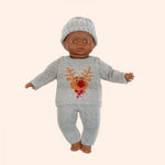 dressing poupee made in france babies 2 pieces mixte petit renne bonnet barry en tricot silver et son pochon look