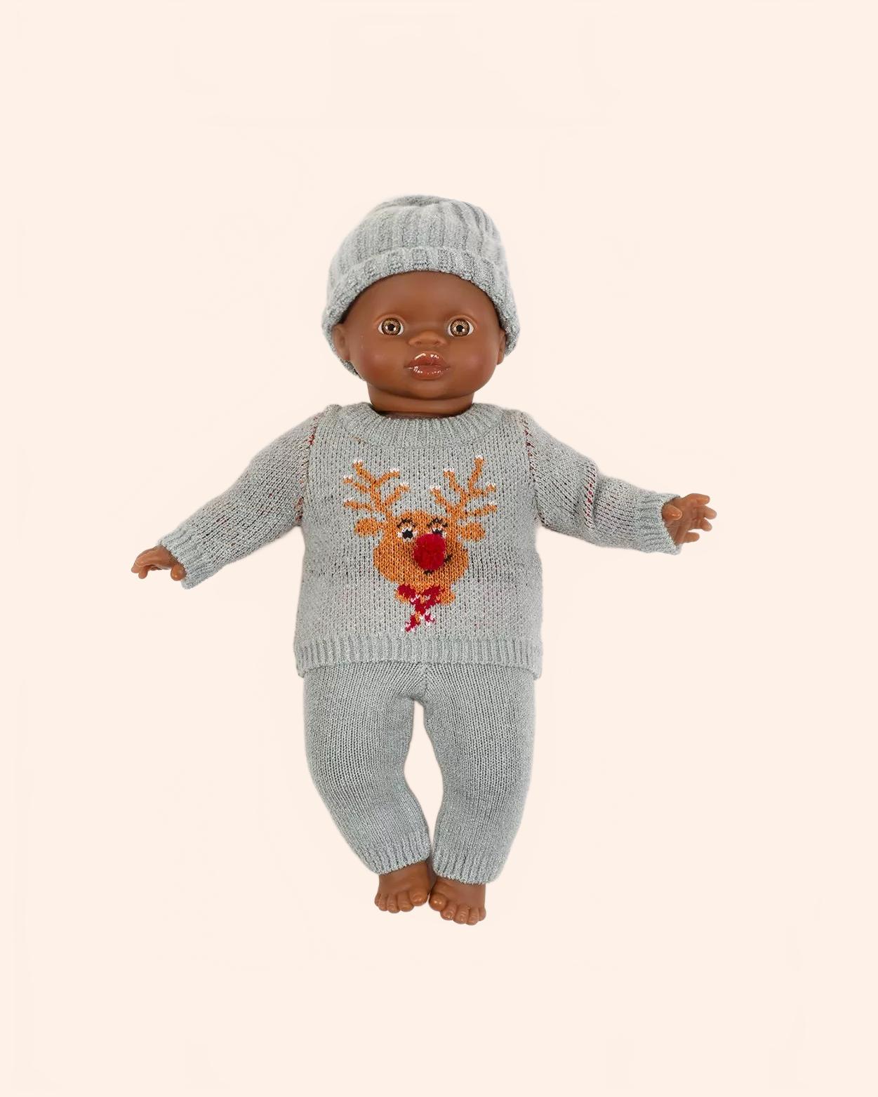 dressing poupee made in france babies 2 pieces mixte petit renne bonnet barry en tricot silver et son pochon look