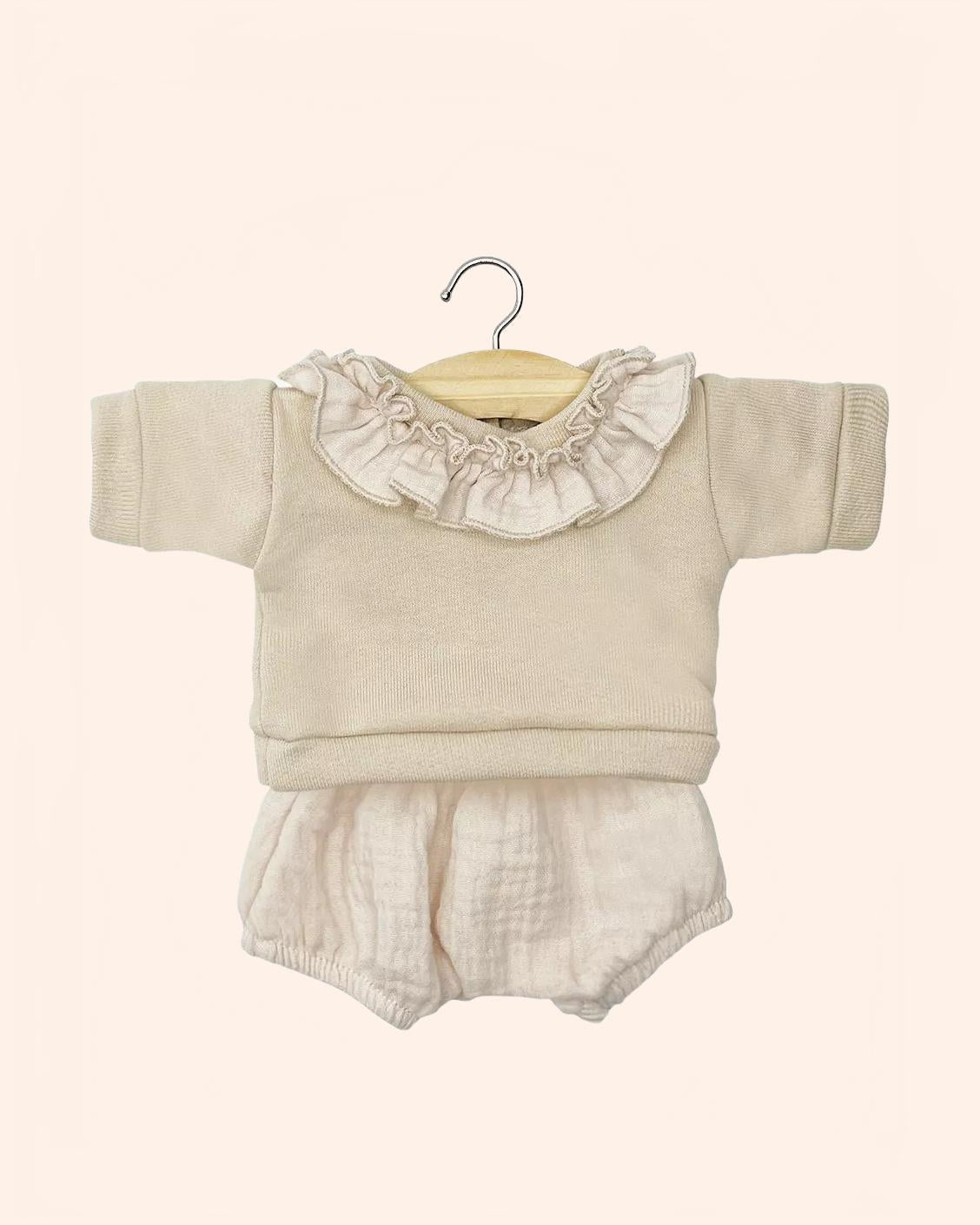 dressing poupee made in france babies ensemble marion top a collerette molleton lin et bloomer mastic