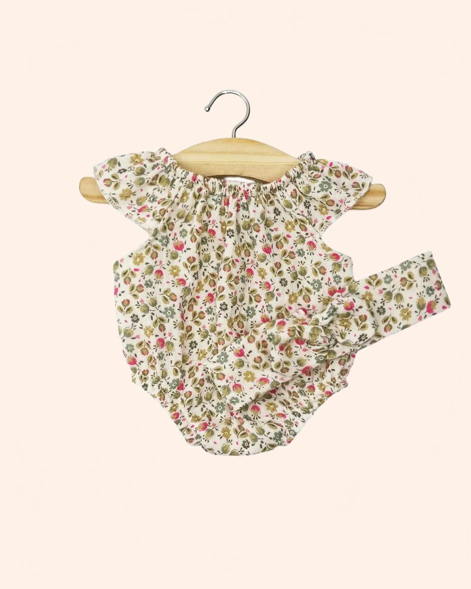 dressing poupee made in france gordis barboteuse clara et son headband en gaze de coton petites fleurs fushia