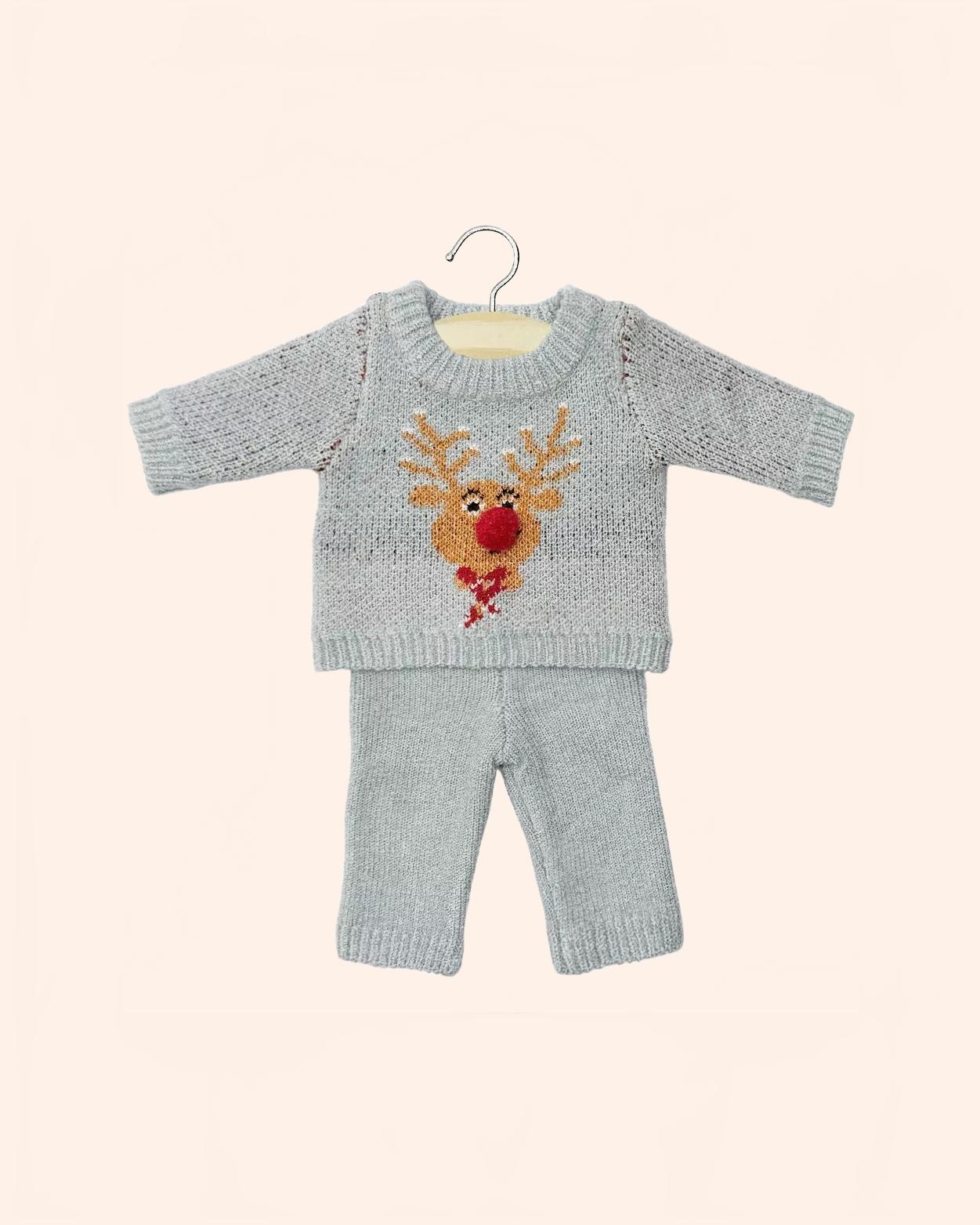 dressing poupee made in france gordis ensemble 2 pieces mixte en tricot petit renne silver et son pochon noel
