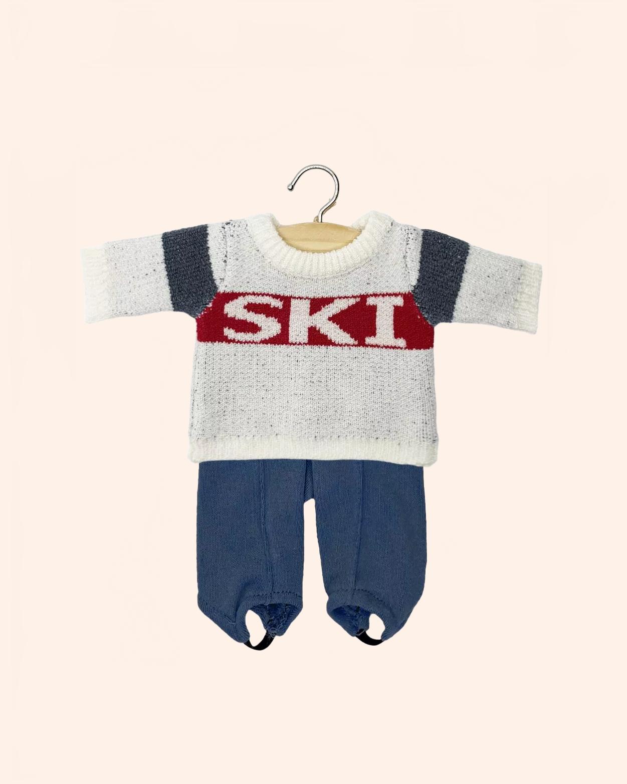 dressing poupee made in france gordis ensemble pull ski en tricot rouge bleu et fuseau popeye en jersey chine bleu denim noel tout schuss
