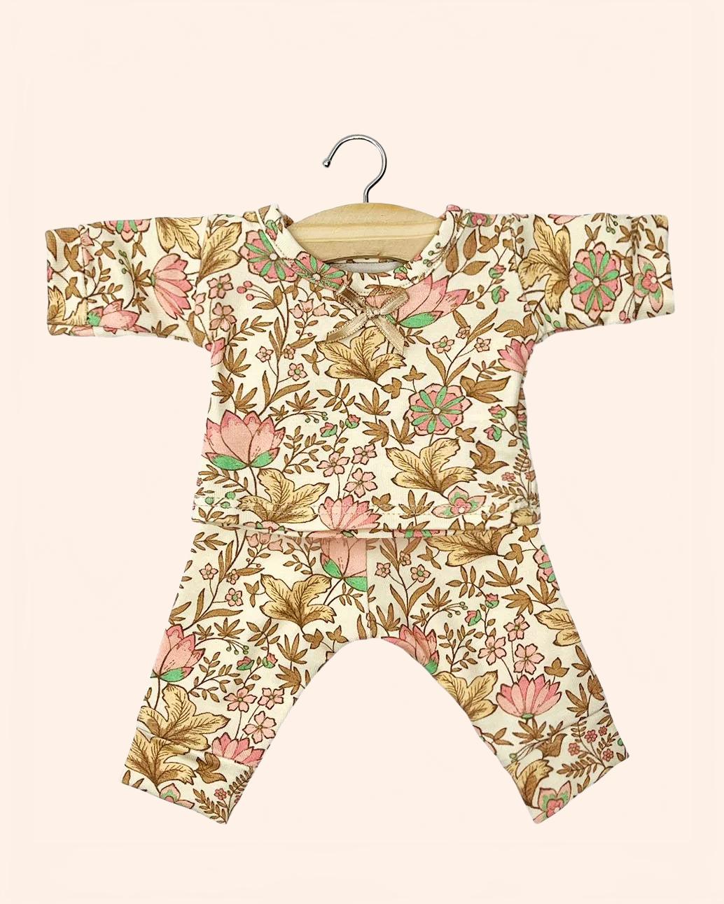 dressing poupee made in france gordis pyjama morgan a manches longues en jersey indienne rosee avec petit noeud