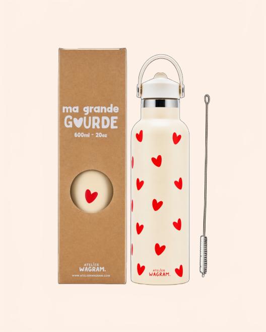 gourde acier inoxydable creme coeurs rouges B2B 20 281 29