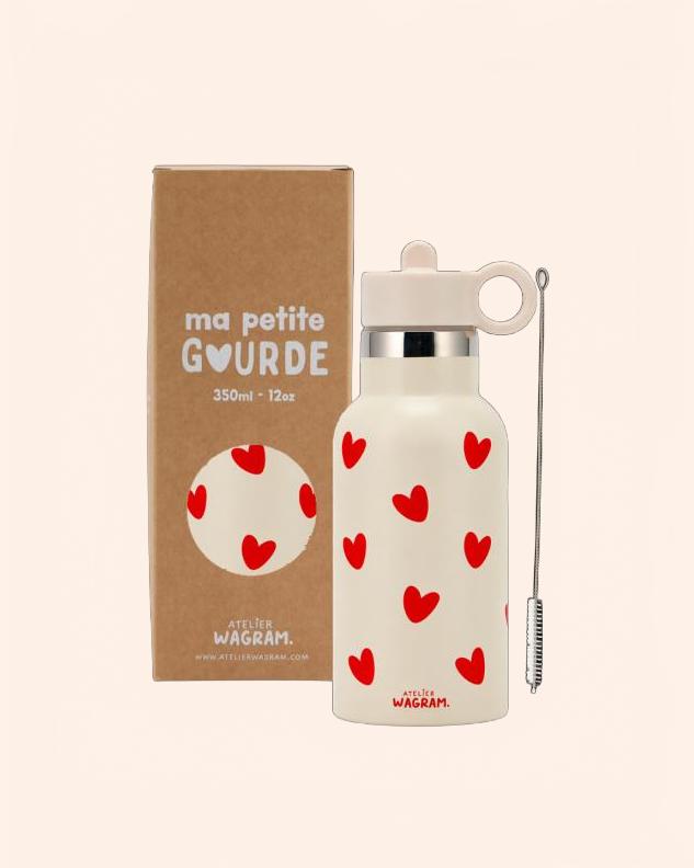 gourde acier inoxydable creme coeurs rouges B2B