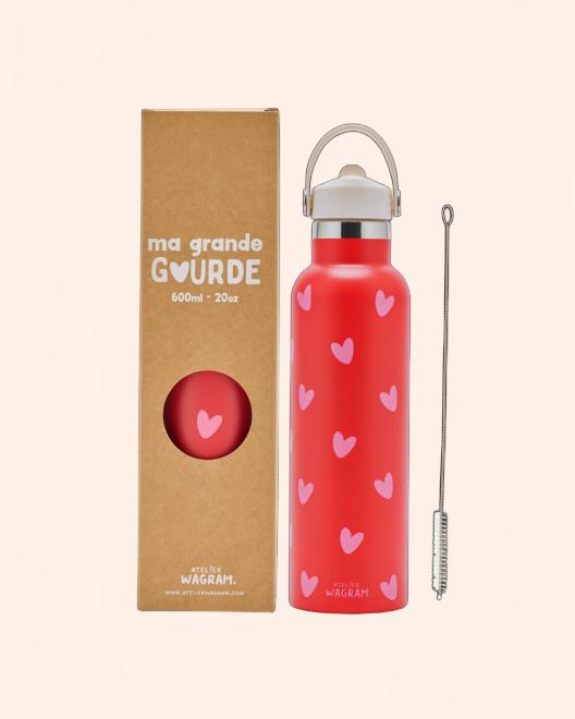 gourde acier inoxydable rouge coeurs rose B2B 20 283 29