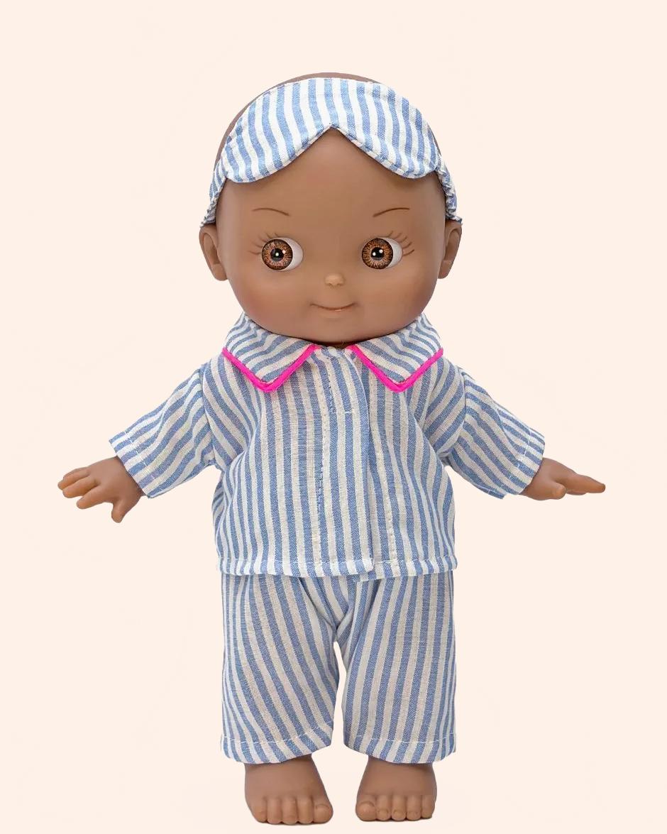 minikane poupee mini pancha noah avec pyjama rayures bleu blanc