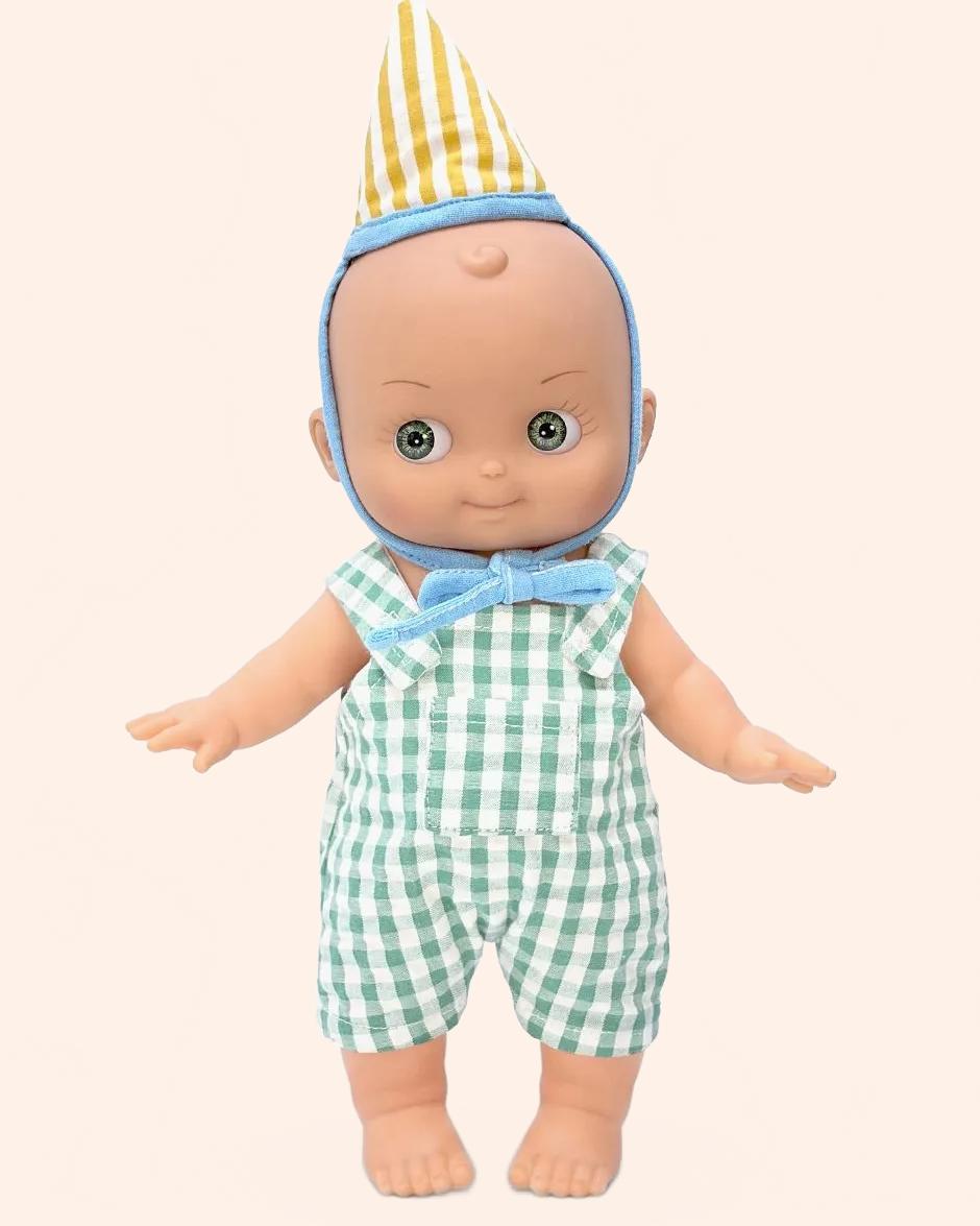 minikane poupee mini pancha zebulon avec tenue anniversaire vichy vert pieds nus